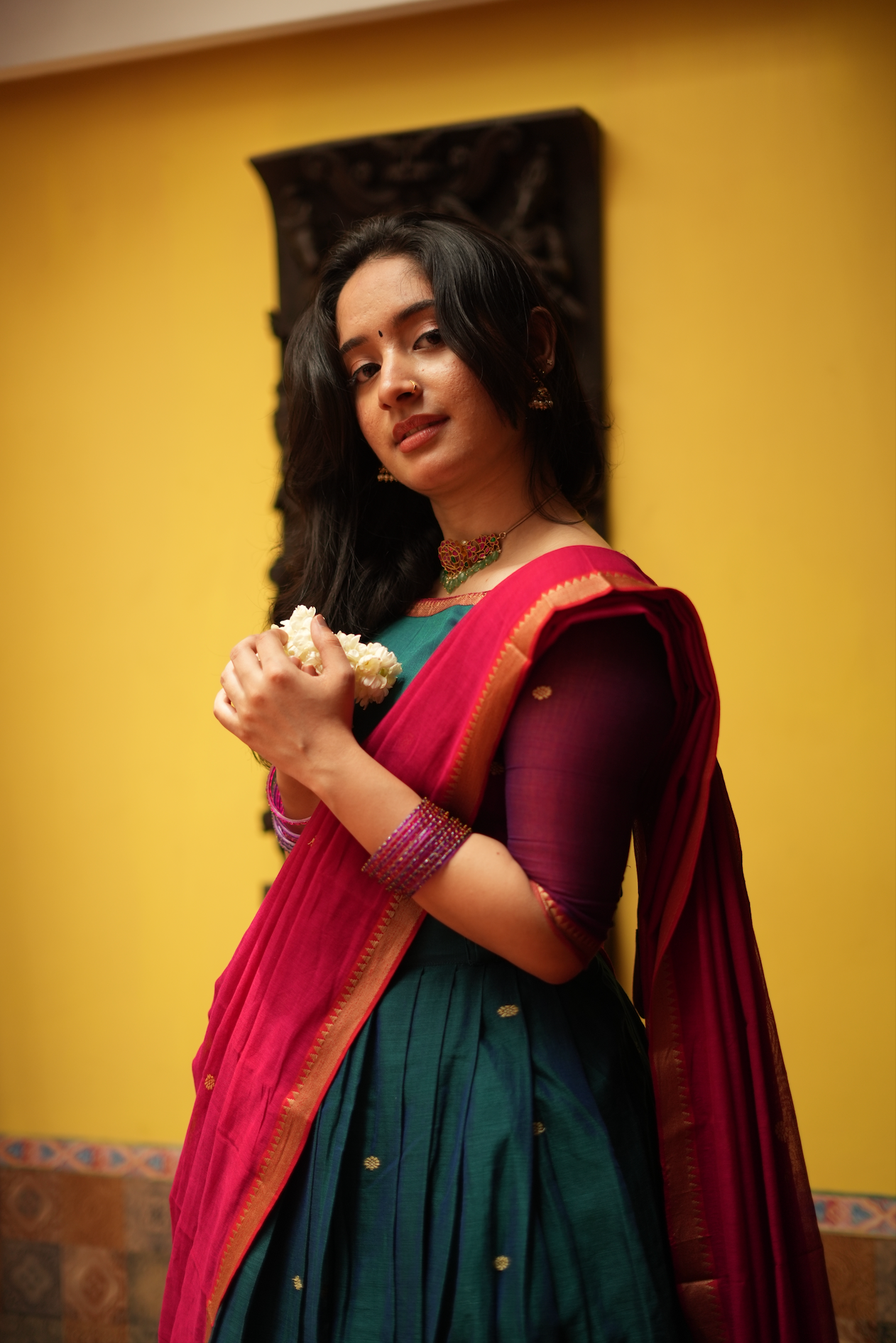 
Designer half saree for women with handwoven details, perfect for weddings, festivals, and cultural celebrations.
